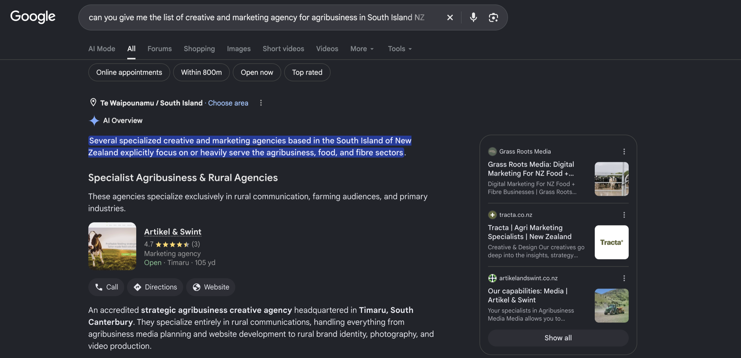Google AI Overview listing Artikel and Swint among specialist agribusiness and rural agencies for a South Island New Zealand query